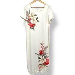 VTG Iolani Made in Hawaii Maxi Dress Short Sleeve Ivory Rayon Floral Size XXL